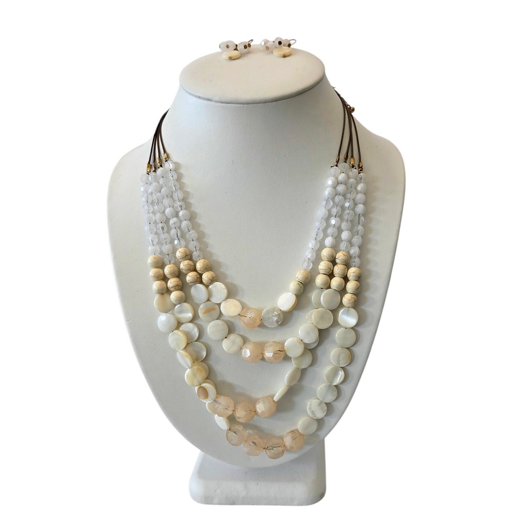 Mother of Pearl Beads Faceted Quartz Beaded Multi-strand Necklace Earrings Set